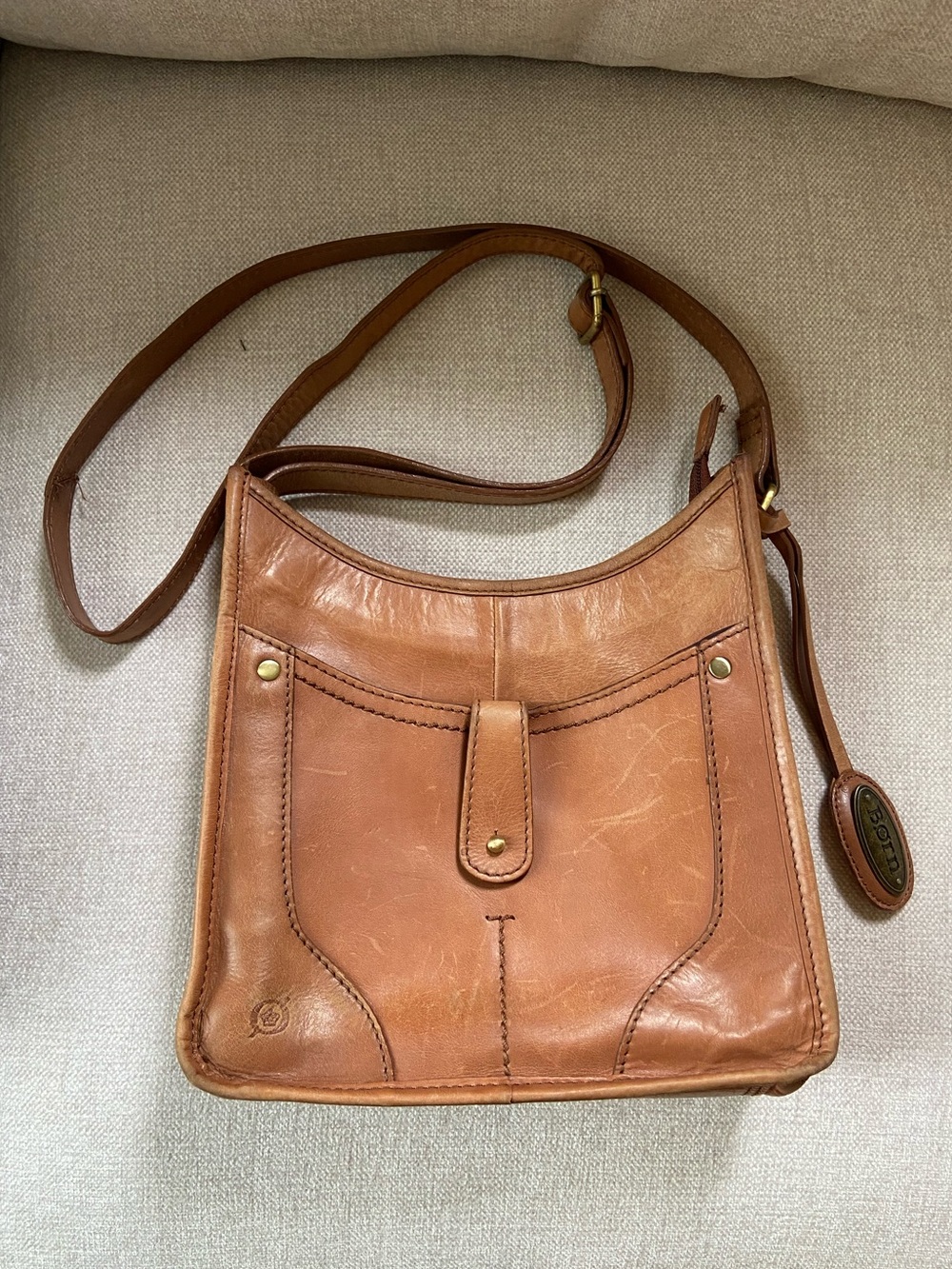 BORN Tan Leather Crossbody Distressed Hobo Bag